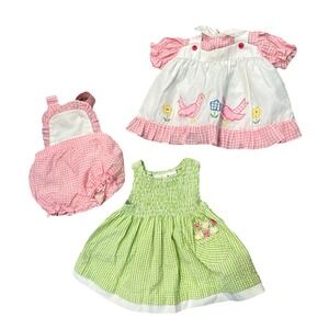 Lot Of 3 Little Billy Green Dress 3 month 1 Pink Dress  1 Pink Overalls Cottage